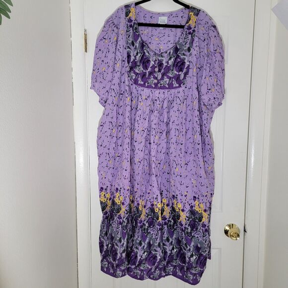 Only Necessities Purple Floral‎ Cotton Midi Dress Short Sleeve Boho MuuMuu 5X - Picture 1 of 9